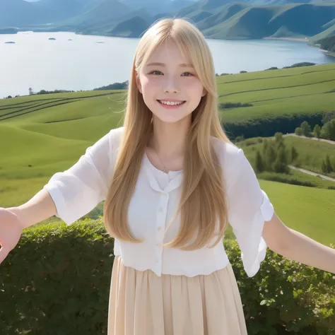 (top-quality)Beautiful、You can see the valley、a blond、wave her hand、a smile、schools