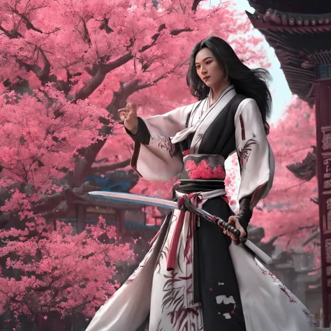 Danfeng Eyes，Bushido，Upper torso，black curled hair，Simple studs，cold eyes，Solo man，Orthofacial，facade，Peach blossom background，Very saturated colors，hyper real，high resolution 8k，holding long sword，Absolutely beautiful，High Light，An abundance of colors