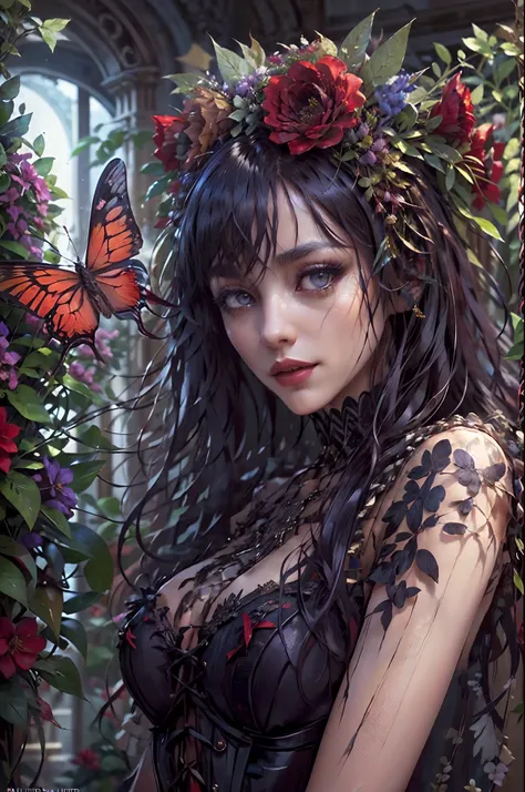 high details, best quality, 16k, RAW, [best detailed], masterpiece, best quality, (extremely detailed), full body, ultra wide shot, photorealistic, dark fantasy art, goth art, RPG art, D&D art, a picture of a dark female fairy showing flowers in a florist ...