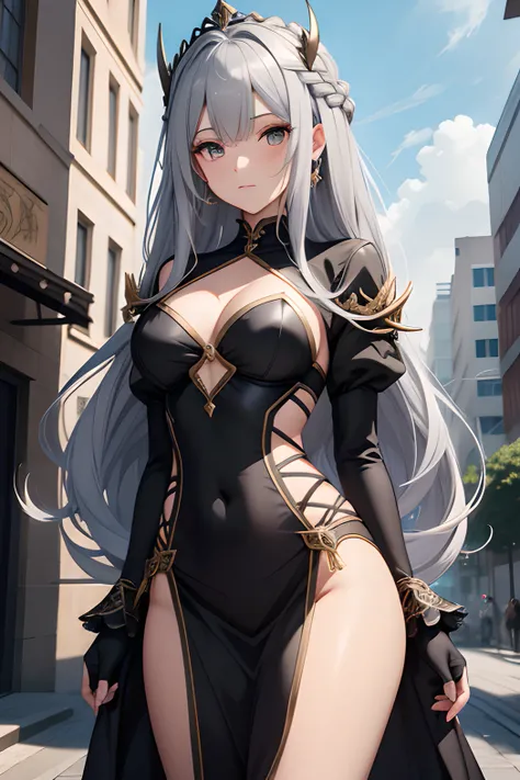 Bikini anime character standing in front of a building, visual novel cg, (Top image quality:1.0), 8K UHD, High quality shadows, slender, Align your hands elegantly, quality, +Lola, Flower Frame, At 8K, Delicate Beautiful Hair and Eyes and Face, Black Drago...