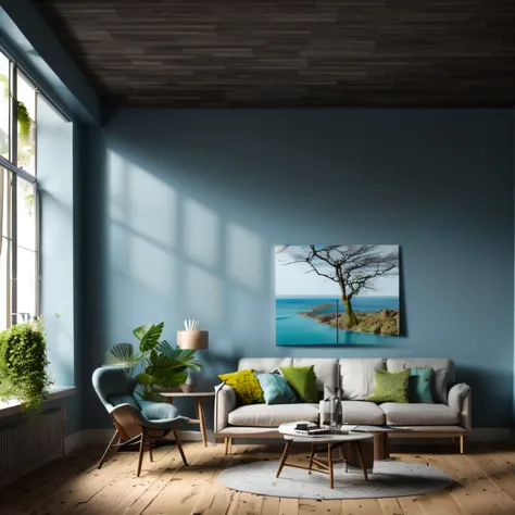 livingroom,balconies,((Soft light)),lots of flower, tree, A light,((Sea)),huge window,Stone wall,marbled,Caribbean,optic,glass,seaweed