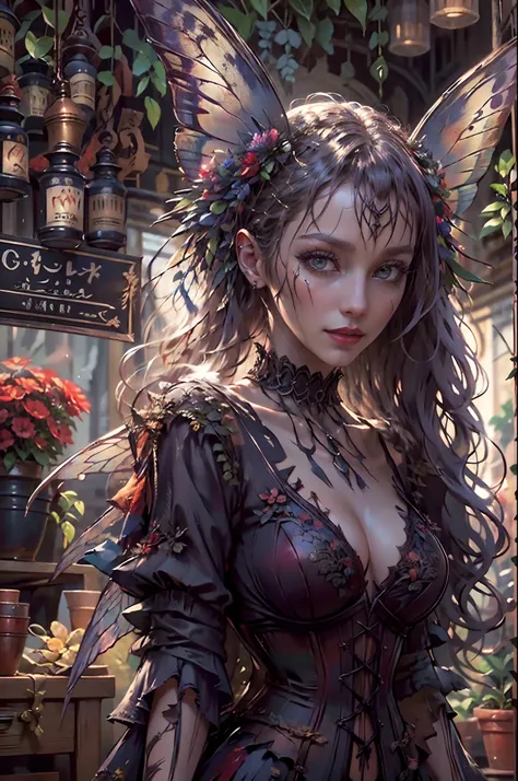 high details, best quality, 16k, RAW, [best detailed], masterpiece, best quality, (extremely detailed), full body, ultra wide shot, photorealistic, dark fantasy art, goth art, RPG art, D&D art, a picture of a dark female fairy showing flowers in a florist ...