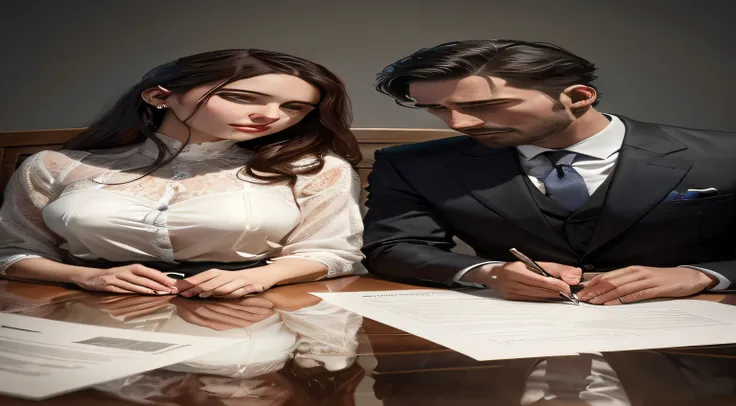 They are sitting at a table signing papers and signing a document, Charlie Bowater e Artgeem, Charlie Bowater e Tom Bagshaw, imagem ultra realista, hyperrealistic illustration, wearing a strict business suit, ultra realistic illustration, estilo de arte re...