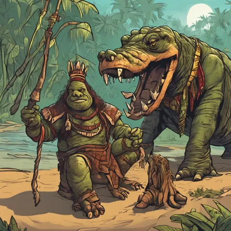 The alligator shaman agreed to help the adventurers, But he said they would have to pay a price. He asked for the head of the orc leader. Os aventureiros relutaram, But they knew they had no choice. Eles deixaram a cabana e foram em busca dos orcs.