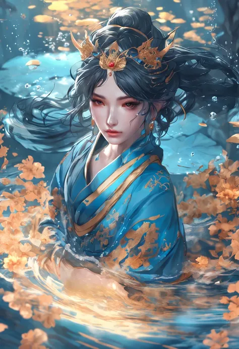 Anime girl in blue dress，digital fantasy art，2.5D CGI anime fantasy artwork，Asian Woman Water Elemental，a beautiful fantasy empress，beautiful and seductive anime woman，Fantasy art style，detailed fantasy digital art，beautiful fantasy art，Art germ，anime illu...