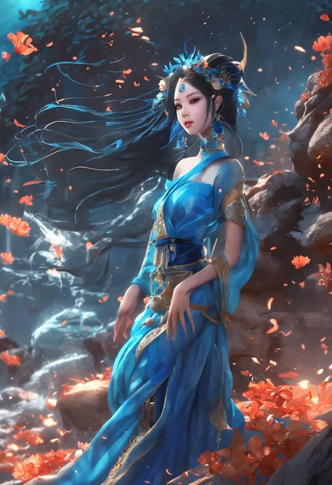 Anime girl in blue dress，digital fantasy art，2.5D CGI anime fantasy artwork，Asian Woman Water Elemental，a beautiful fantasy empress，beautiful and seductive anime woman，Fantasy art style，detailed fantasy digital art，beautiful fantasy art，Art germ，anime illu...