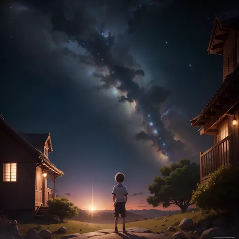 Menino de 10 anos setado uma pedra, looking up and a sky full of stars. Ao lado dele, an anime house and a tree full of apples. Imagem 4k