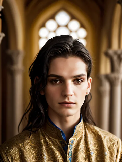 A (portrait photography: 1.2) close up photo of a mix between Brian Molko and Bill Kaulitz as a 20 year-old medieval fantasy male king, young, slim, male, man, delicate facial features, mediterranean features, olive skin, dark piercing eyes, long oiled bla...