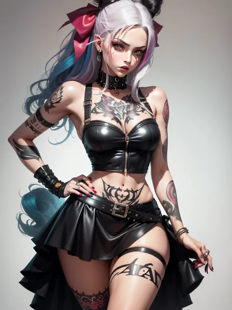 illustration of Alice from Wonderland in a rebellious pin-up style, wearing an edgy outfit with a mix of classic and modern elements. Her skin is adorned with vibrant tattoos that showcase her rebellious nature, image against white background.