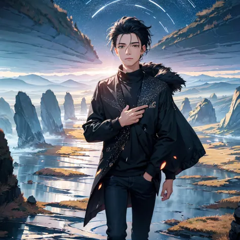 ((Best Quality, 8K, Masterpiece: 1.3)), landscape, morning shoot, star trail, slow speed, standing young man with black hair, black jeans, look at the stars, amazing scenery, hundreds of stars forming a circle, magic array, exaggrated light.