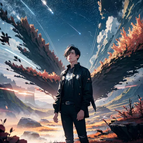 ((Best Quality, 8K, Masterpiece: 1.3)), landscape, morning shoot, star trail, slow speed, standing young man with black hair, black jeans, look at the stars, amazing scenery, hundreds of stars forming a circle, magic array, exaggrated light.