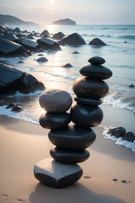 A photograph of carefully stacked stones on a serene beach, reflecting the idea of balance and stability that positive practices bring to ones life.