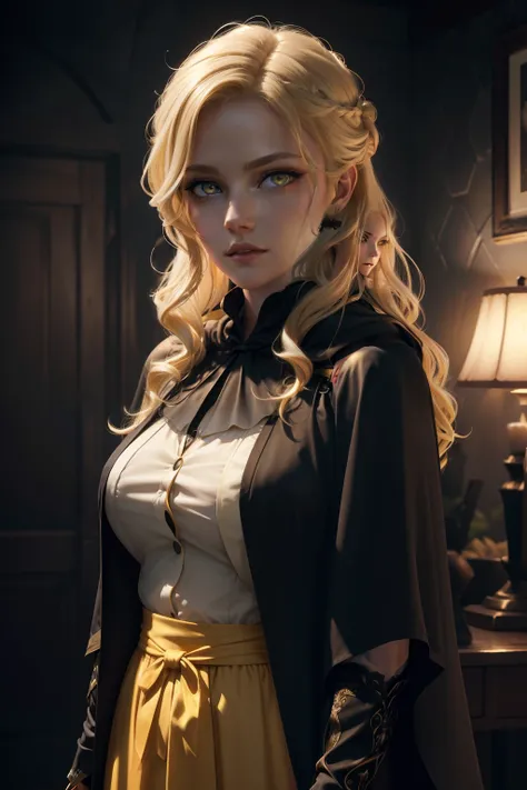 ((wallpaper 8k)), ((ultrarealistic)), ((high detailed)), ((masterpiece)), ((best quality:1.2)), 1girl, cloak, black dress, short capelet, blonde hair, ((light yellow eyes)), breasts, updo hair, ((long hair))