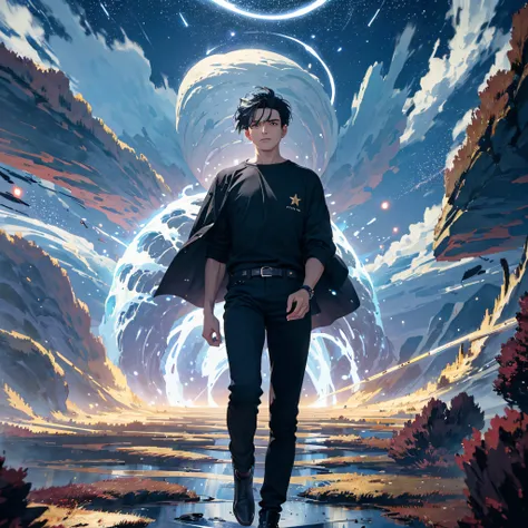 ((Best Quality, 8K, Masterpiece: 1.3)), landscape, magic shoot, star trail, slow speed, standing young man with black hair, black jeans, look at the stars, amazing scenery, hundreds of stars forming a circle, magic array, exaggrated light, shine, power up.