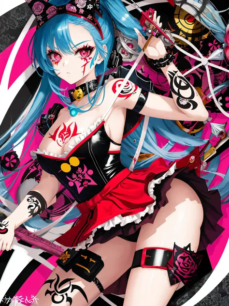 illustration of Alice of Wonderland in a rebellious pin-up style, Japanese manga style, wearing a bold look with a mix of classic and modern elements. Her skin is adorned with vibrant tattoos that show her rebellious nature, imagem contra fundo branco.