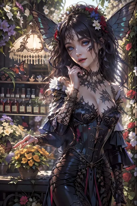 high details, best quality, 16k, RAW, [best detailed], masterpiece, best quality, (extremely detailed), full body, ultra wide shot, photorealistic, dark fantasy art, goth art, RPG art, D&D art, a picture of a dark female fairy showing flowers in a florist ...