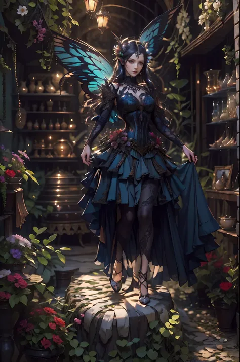 high details, best quality, 16k, RAW, [best detailed], masterpiece, best quality, (extremely detailed), full body, ultra wide shot, photorealistic, dark fantasy art, goth art, RPG art, D&D art, a picture of a dark female fairy showing flowers in a florist ...