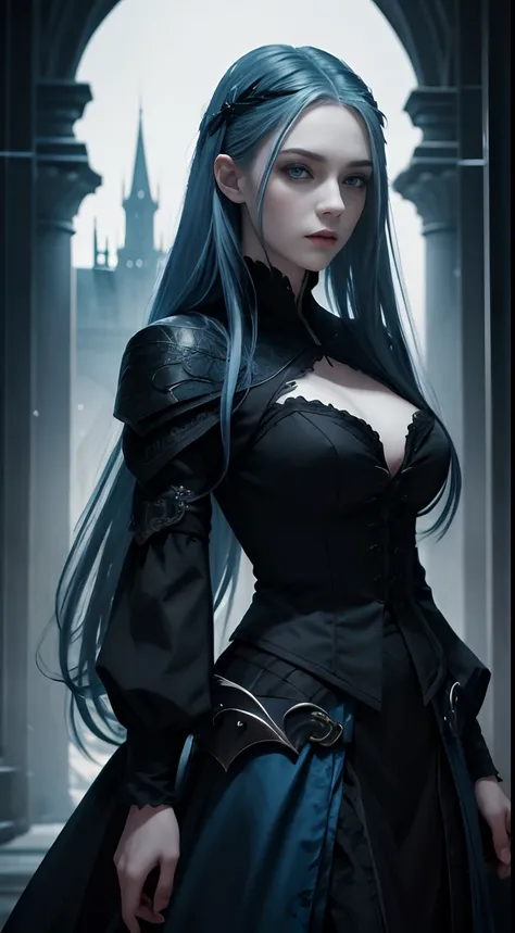 (A beautiful 25 years old female vampire royalty), (long flowing blue hair), (pale skin), (serious looking), (wearing black and blue formal attire), (dark castle at night background), view from front, waist up shot, dynamic pose, ambient lighting, photo re...