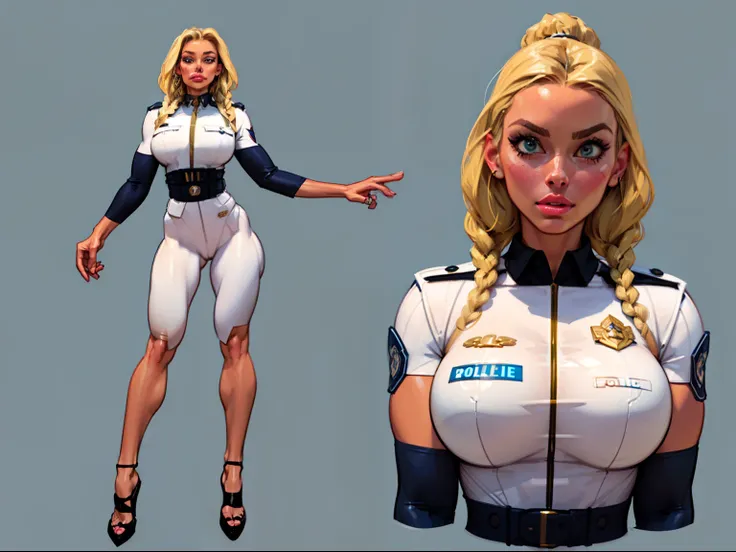 ((masterpiece)),(((best quality))),((character design sheet)), illustration,1woman inspired by michelle pfeiffer, environment Scene change, (long braided hair:1.4),((futuristic police officer:1.5)), muscular, black legs, thick legs, (pale skin:1.3)scribble...