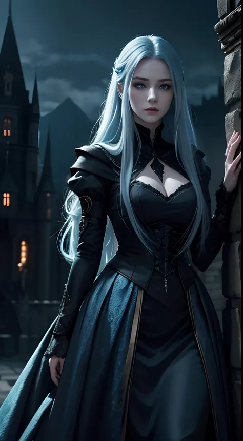 (A beautiful 25 years old female vampire royalty), (long flowing blue hair), (pale skin), (serious looking), (wearing black and blue formal attire), (dark castle at night background), view from front, waist up shot, dynamic pose, ambient lighting, photo re...