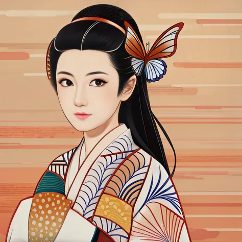 There is a woman in a kimono with a butterfly on her head, inspired by Uemura Shōen, No estilo de arte de Ukiyo - E, inspired by Itō Shinsui, inspirado em Nishikawa Sukenobu, Retrato da gueixa, Retrato de uma gueixa bonita, Retrato de uma gueixa, japanese ...