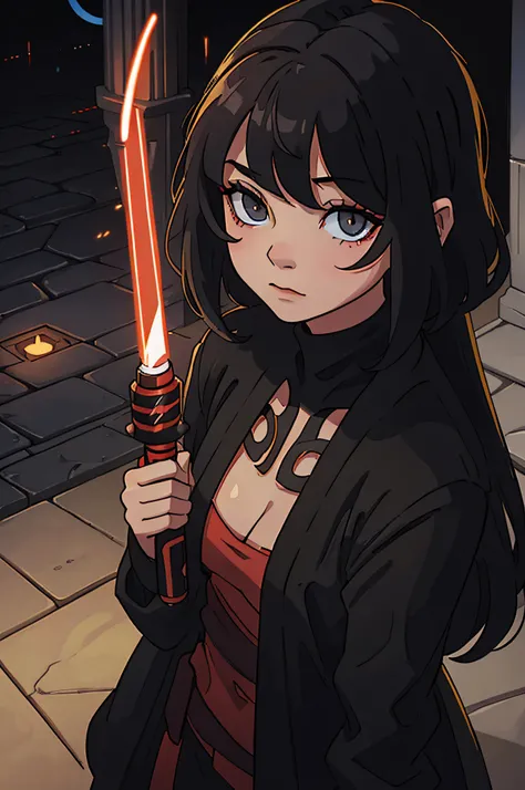 sexy sith yellown eyes with a llight saber in the sith temple black clothes