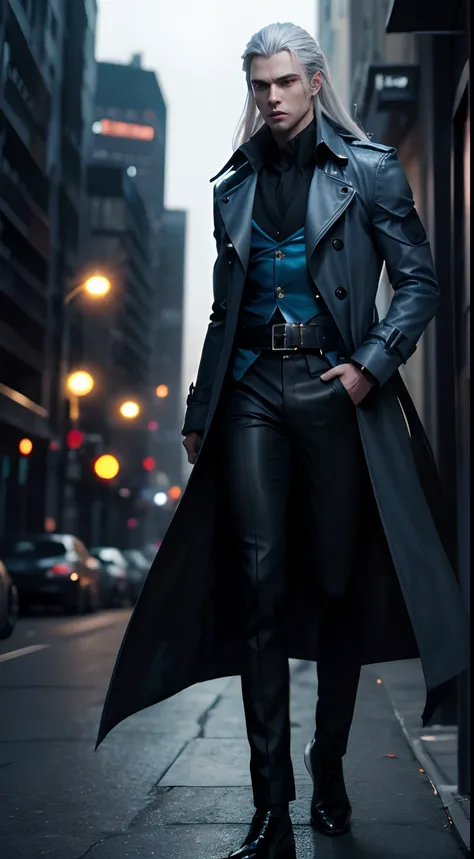 (A handsome 25 years old male vampire mercenary), (long silver hair), (pale skin), (serious looking), (wearing blue trench coat and black pants), (city at night background), view from front, waist up shot, dynamic pose, ambient lighting, photo realism, int...