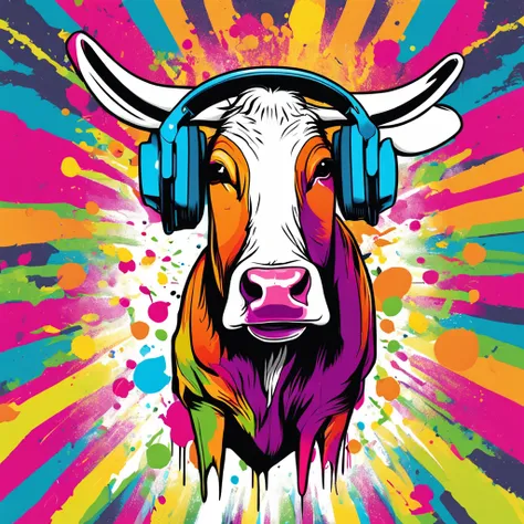 ready-to-print vector t-shirt art colorful graffiti illustration of a cow with headphones, front perspective, action shot, vibrant colors, high detail, white background -- badly done atre, mutations