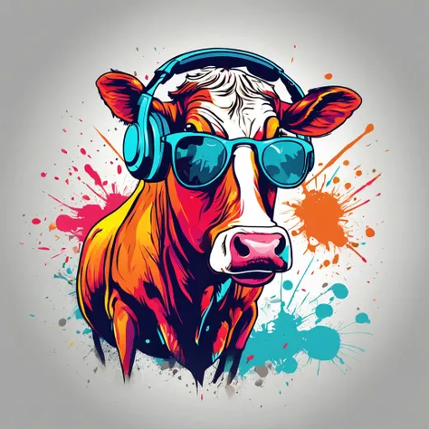 ready-to-print vector t-shirt art colorful graffiti illustration of a cow with headphones, front perspective, action shot, vibrant colors, high detail, white background -- badly done atre, mutations