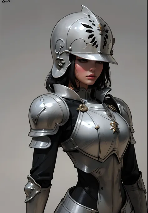 Gray clay style,(masterpiece, best quality), Grayscale,a woman in armor, full armor,helmet,armor,extra arms,breastplate, dainty, perfect face, pretty face, lush detail,