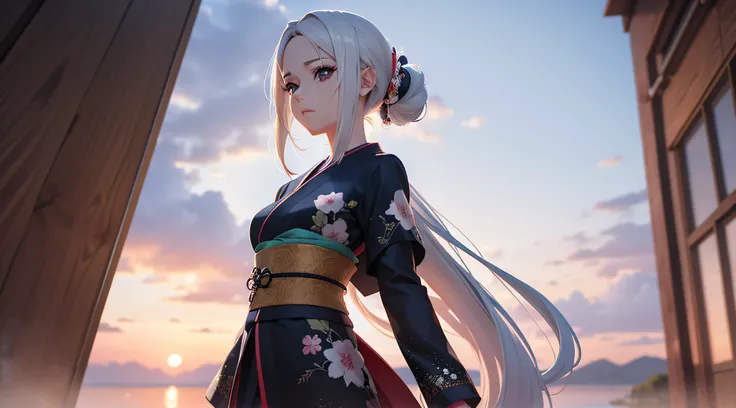 Garota inocente de anime de corpo inteiro com cabelo loiro com roupas longas estilo kimono branco posando para uma foto, arte cg anime suave, photorealistic anime girl rendering, Estilo de anime 3D realista, anime. soft lighting, Arte Digital Anime, Arte D...