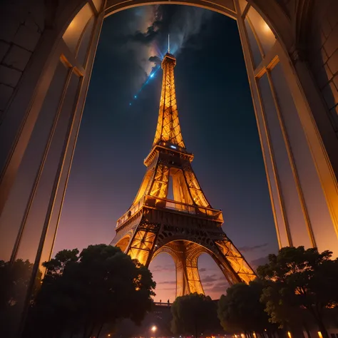 ((high-angle shot)) Torre Eiffel dorada, en la noche decorada con luces doradas y decorado de color oro , y  fuegos artificiales , y mucha gente en el suelo ,Kinematic, Cinematographer, afilado, Hasselblad, Dramatic lighting, profundidad de campo, Plano me...