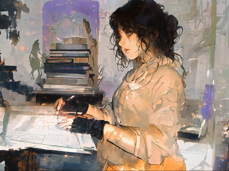 Master piece, detalles absurdos, There is a woman sitting at a desk with a book and a pen., pelo recogido en coleta, lleva guantes negros, tratando de estudiar, Estudiando, ropa y estilo oriental, escenario entre bosques y arboles, sat at her desk, estudio...