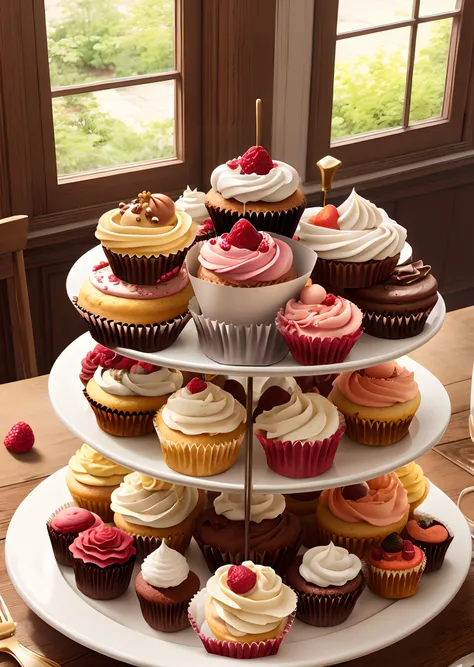 Alta qualidade, cupcakes em uma mesa  bolo de morango, doces, eighteenth-century tableware