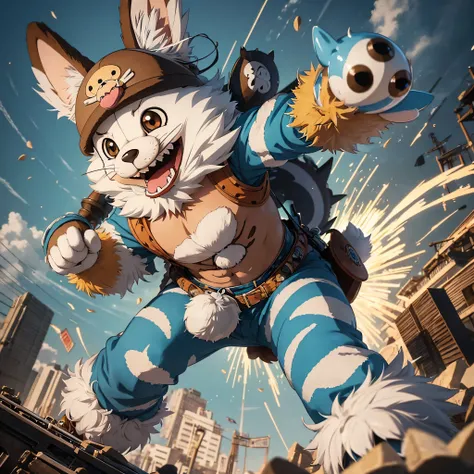 (anime 3D, best quality), ultra-detailed, dynamic angle, dynamic pose, (mascot, Chopper, One Piece), furry, cute, big eyes, blue nose, fluffiness, white and brown fur, whimsical outfit, cartoony textures, vibrant colors --auto --s2