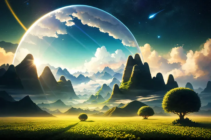 A anthill mirror sphere floating in space, flickering lights, sad hamster lost (heaven like green fields surrounded by high mountains and clouds:1.3), particles in the air, god rays, stars in the background, intricate fractals, detailed, (illustration), ma...