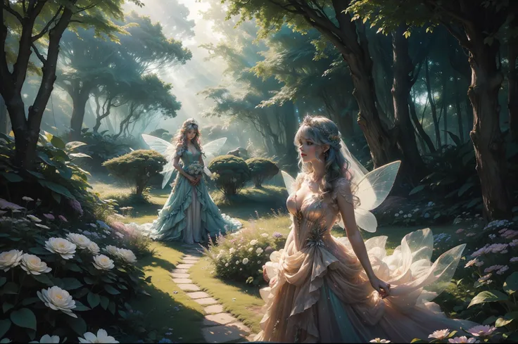 A winged fairy in a garden in the woods. She wears a multilayered ruffled dress in light orange transparent fabric with silver and aquamarine embellishments. Long messy wavy hair in dark colour, flower tiara. She is emerging from a vortex of multicoloured ...