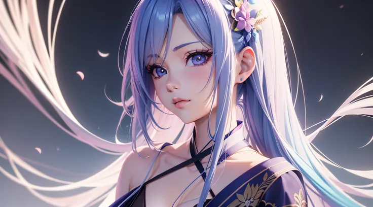 Garota inocente de anime de corpo inteiro com cabelo roxo e azul com roupas longas estilo kimono branco posando para uma foto, arte cg anime suave, photorealistic anime girl rendering, Estilo de anime 3D realista, anime. soft lighting, Arte Digital Anime, ...