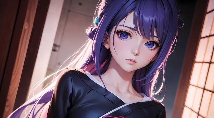 Garota inocente de anime de corpo inteiro com cabelo roxo e azul com roupas longas estilo kimono branco posando para uma foto, arte cg anime suave, photorealistic anime girl rendering, Estilo de anime 3D realista, anime. soft lighting, Arte Digital Anime, ...