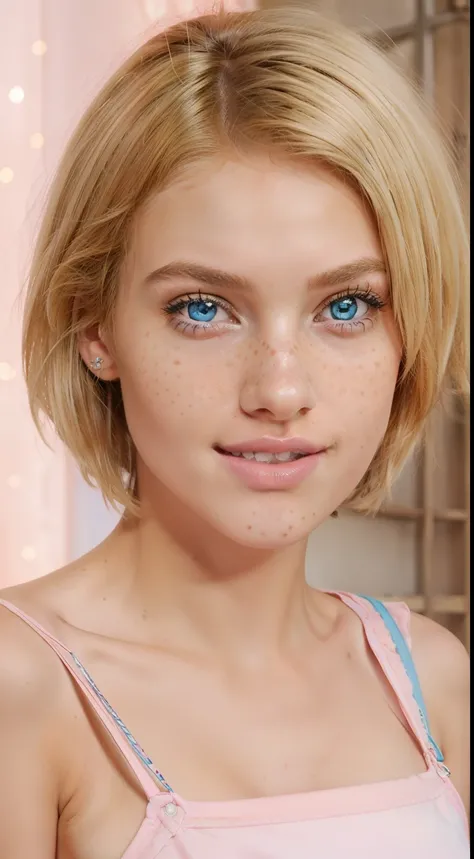 cute 18 year old girl, short blonde hair, sparkling blue eyes, freckled skin and pink lips with slightly parted teeth hiper realistic