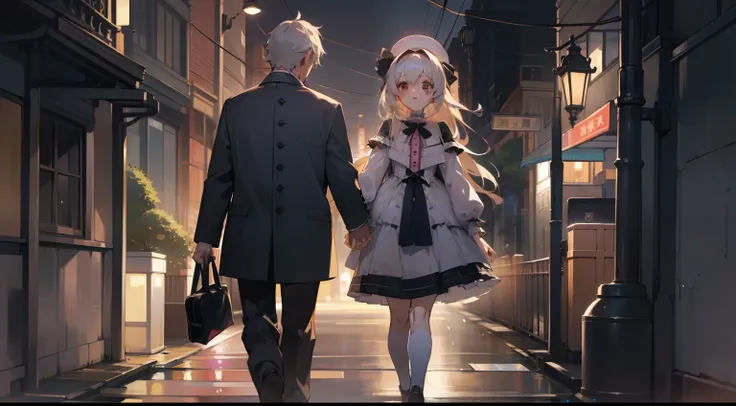 ((hightquality)), ((​masterpiece)), Man and woman walking apart on the street at night、Beautiful fece、The face is well-formed、A little far apart between、GameCG, Look at viewers,Not holding hands、Lolita fashion girls