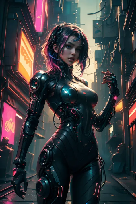 (Photorealistic:1.4) image of a cyber punk girl, (top-quality, 8K, 32K, masterpiece), (dynamic pose), ((facing camera)), (looking at camera), cowboy shot, shapeless hair, colorful hair, colorful cyberpunk clothing, depth of field f/1.8, cyberpunk city back...