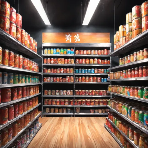 Canned goods in the foreground on wooden shelves, Inside the shop with black walls, With a blank square poster