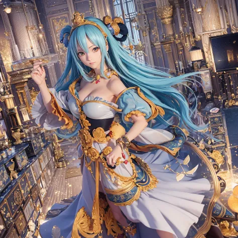 (3D anime:1.2, One Piece manga:1.1), high-quality 3D modeling, detailed texture, beautiful shading, (Vivi:1.3), dynamic pose, royal expression, (Alabasta:0.9, castle:0.9, palace:0.9), royal insignia, flowing dress, orange and floating hair, (mascot:0.8), o...