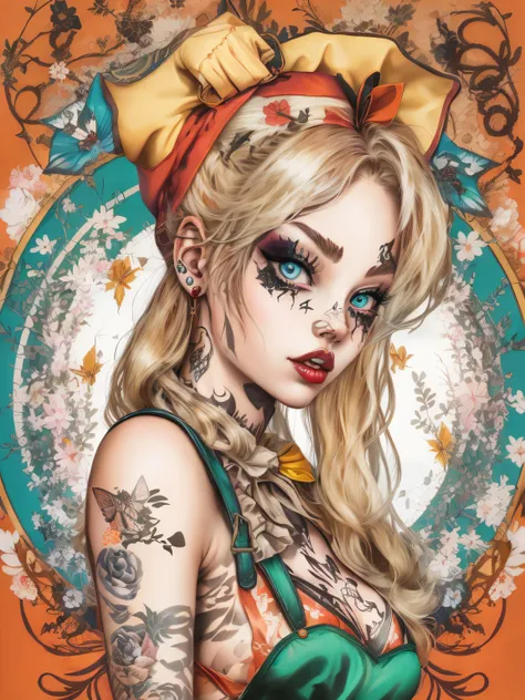 illustration of Alice of Wonderland in a rebellious pin-up style, Japanese manga style, wearing a bold look with a mix of classic and modern elements. Her skin is adorned with vibrant tattoos that show her rebellious nature, imagem contra fundo branco.