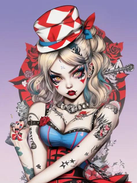 illustration of Alice of Wonderland in a rebellious pin-up style, Japanese manga style, wearing a bold look with a mix of classic and modern elements. Her skin is adorned with vibrant tattoos that show her rebellious nature, imagem contra fundo branco.