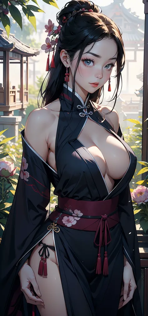 legends，Purple background，deep Purple，Dark tones，Pink big breasts，rosette，foreground，Peonies，Green bamboo vista，（snow landscape），（（Ancient Chinese red Hanfu beauty standing in a sea of flowers smiling）），Melon seed face，Willow eyebrows，Cherry small mouth，（B...