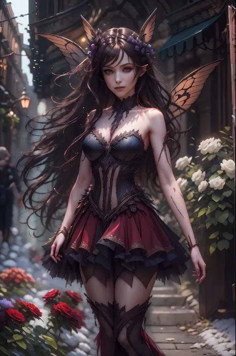 high details, best quality, 16k, RAW, [best detailed], masterpiece, best quality, (extremely detailed), full body, ultra wide shot, photorealistic, dark fantasy art, goth art, RPG art, D&D art, a picture of a dark female fairy showing flowers in a florist ...
