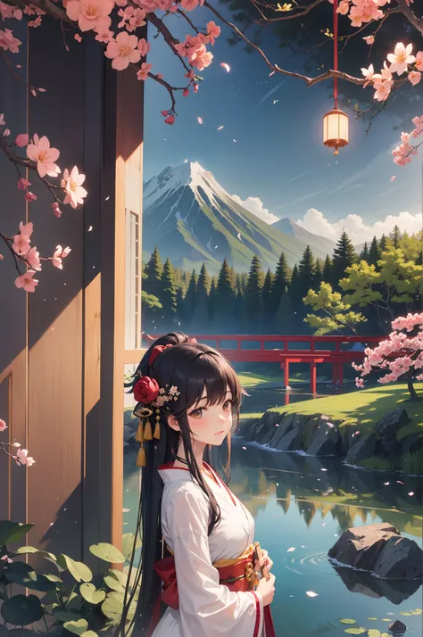 "Visualize a traditional Japanese painting that echoes the essence of cultural symbolism. Em primeiro plano, delicadas flores de sakura chovem suavemente, its petals capturing the fleeting beauty of life. An elegant torii gate rises against the backdrop, s...