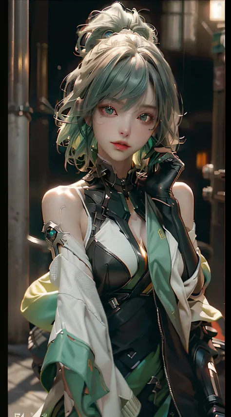 ((Best quality)), ((masterpiece)), (detailed: 1.4), 3D, an image of a beautiful cyberpunk woman, green hair, night metropolis background, HDR (High Dynamic Range),Ray Tracing,NVIDIA RTX,Super-Resolution,Unreal 5,Subsurface dispersion, PBR texture, Post-pro...